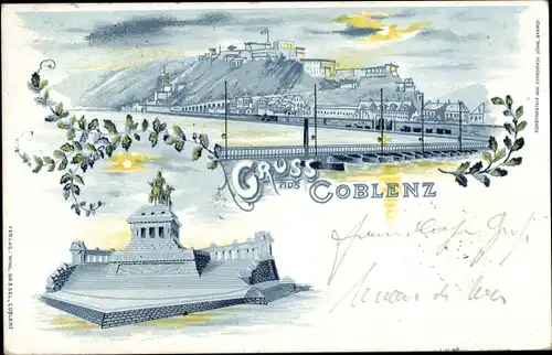 Mondschein Litho Koblenz am Rhein, Festung Ehrenbreitstein, Schiffbrücke, Kaiser Wilhelm Denkmal