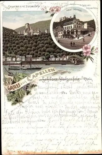 Litho Kapellen Stolzenfels Koblenz, Hotel Lehneck, Blick auf den Ort, Schloss