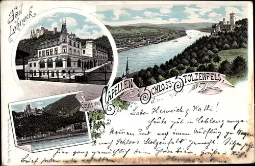 Vorläufer Litho Stolzenfels Koblenz in Rheinland Pfalz, Hotel Lahneck, Kapelle, Schloss