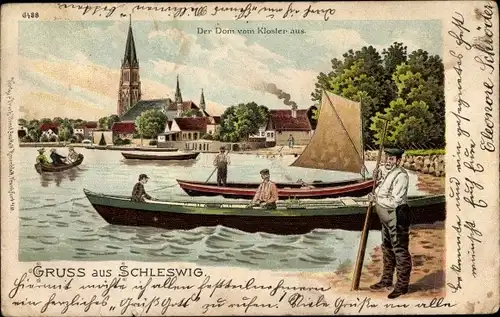 Litho Schleswig an der Schlei, Der Dom vom Kloster aus gesehen, Boote, Kirche