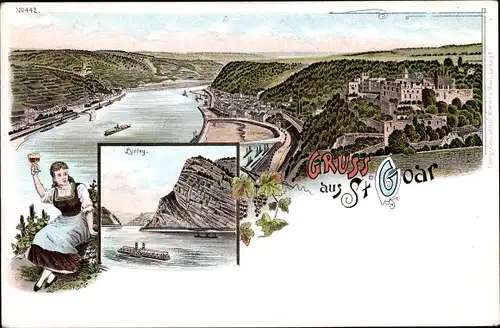 Litho Sankt Goar am Rhein, Loreley, Totalansicht der Ortschaft