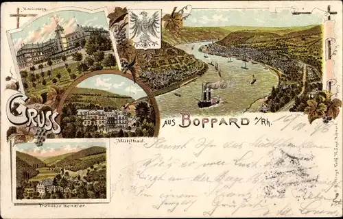 Litho Boppard am Rhein, Marienberg, Mühlbad, Pension Henzler, Totalansicht, Wappen