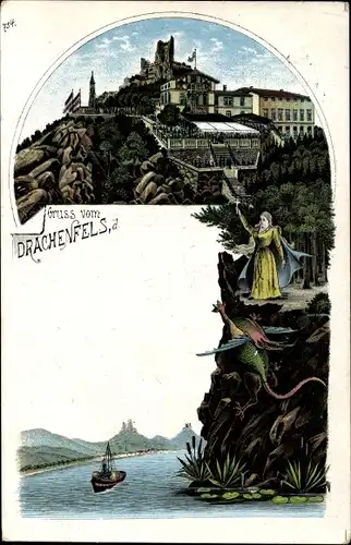 Litho Königswinter am Rhein, Drachenfels, Drachen, Flusspartie, Hotel