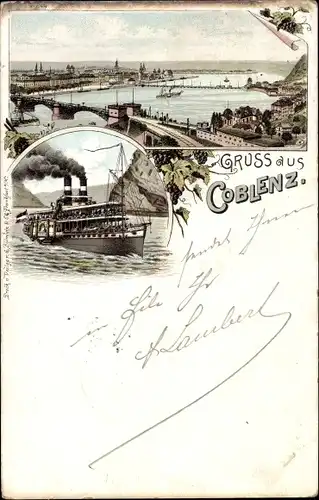 Litho Koblenz am Rhein, Blick auf den Ort, Rheindampfer