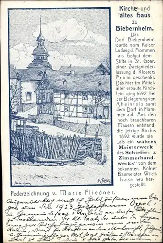 Künstler Ak Fliedner, Marie, Biebernheim Sankt Goar am Rhein, Kirche, altes Haus