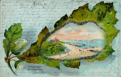 Glitzer Eichenblatt Litho Kiel, Kriegshafen mit Seegarten