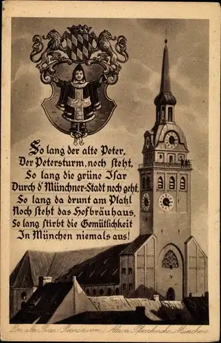 Gedicht Wappen Ak München Bayern, Münchener Kindl, Der alte Peter, Petersturm, Pfarrkirche