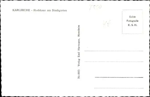 Ak Karlsruhe in Baden, Hochhaus, Stadtgarten