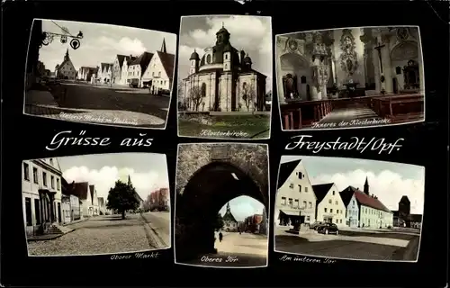 Ak Freystadt in der Oberpfalz Bayern, Klosterkirche, Oberes Tor, Oberer Markt, Rathaus