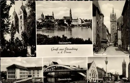 Ak Straubing an der Donau Niederbayern, Donaubrücke, St. Josef, Steinergasse, Stadtplatz