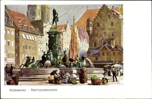 Künstler Ak Kley, Heinrich, Nürnberg in Mittelfranken Bayern, Neptunbrunnen