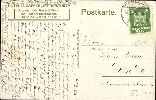 Ak Koblenz in Rheinland Pfalz, Hotel Rittersturz, Inh. Albert Stürzbecher, Außenansicht