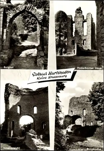 Ak Bad Karlshafen an der Weser, Ruine Krukenburg, Burgtor, Paderborner Haus, Burgkirche