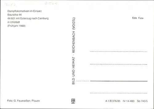 Ak Dampflokomotive 44 0601-3 im Einsatz, Güterzug nach Camburg, Uhlstädt, 1980