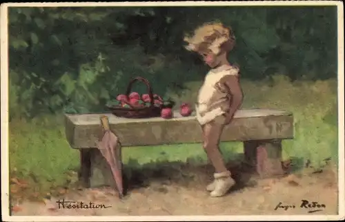 Künstler Ak Redon, Hésitation, Mädchen zögert, Äpfel