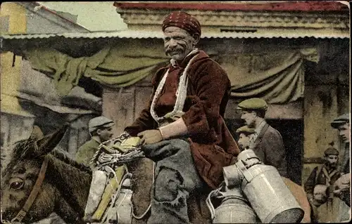 Ak Thessaloniki Griechenland, On the Market Place, Milk Man riding a donkey