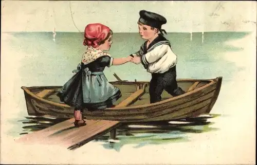 Ak Kinder in einem Boot, Junge im Matrosenanzug, Theodorus Leenes, Grossier, Heerenveen Friesland