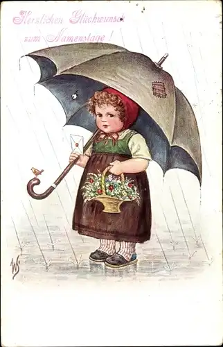 Künstler Ak Scheuermann, Willi, Namenstag, Mädchen mit Blumen und Regenschirm, Novitas 524