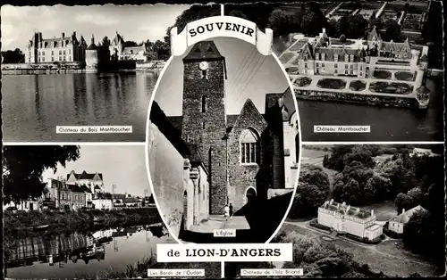 Ak Le Lion d'Angers Maine et Loire, Châteaux Montbaucher et isle Briand, bords de L'Oudon, Église