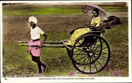 Ak Colombo Ceylon Sri Lanka, Sinhalese lady in a rickshaw, Rikscha