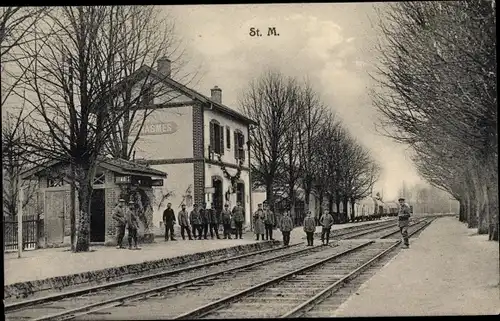 Ak Saint Masmes Marne, Gare, Bahnhof, Deutsche Soldaten, 1. WK