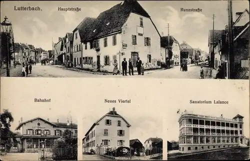 Ak Lutterbach Elsass Haut Rhin, Hauptstraße, Runzstraße, Bahnhof, Neues Viertel, Sanatorium Lalance