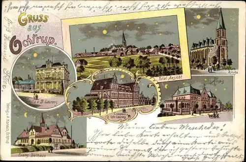 Mondschein Litho Ochtrup im Münsterland, Kirche, Hospiz, Comptor Gebr. Laurenz, Evang. Bethaus