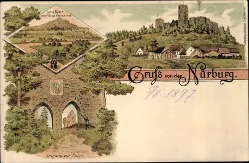 Litho Nürburg in der Eifel, Ruine, Hohe Acht, Blick auf den Ort