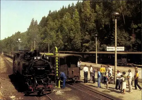 Ak Kipsdorf Altenberg im sächsischen Erzgebirge, Schmalspurbahn am Bahnhof, Lok 99734