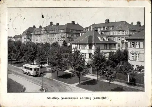 Ak Chemnitz Sachsen, Staatliche Frauenklinik, Teilansicht von der Straße, Bus