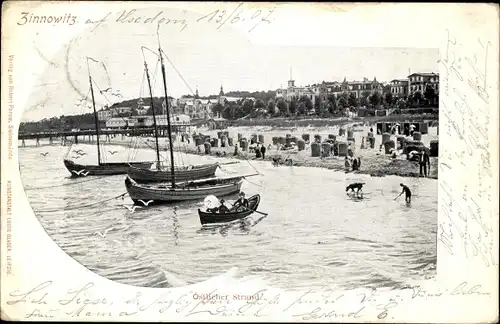 Ak Ostseebad Zinnowitz auf Usedom, Östlicher Strand, Herrenbad, Segelboote vor Anker, Herrenbad