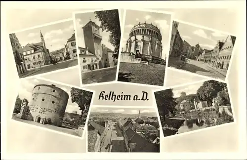 Ak Kelheim an der Donau Niederbayern, Ortsansichten, Turm, Flusspartie, Straßenpartie, Rathaus