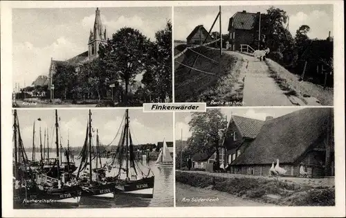 Ak Hamburg Mitte Finkenwerder Finkenwärder, Kirche, Deich, Süderdeich, Fischereihafen