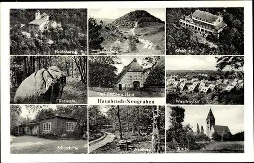 Ak Hamburg Harburg Hausbruch Neugraben, Falkenberg, Heideburg, Kirche, Karlstein, Sennhütte