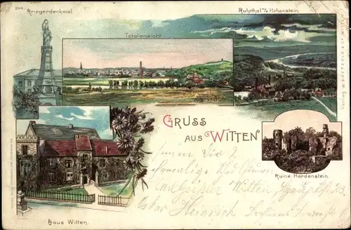 Litho Witten an der Ruhr, Panorama, Haus Witten, Ruine Hardenstein, Kriegerdenkmal