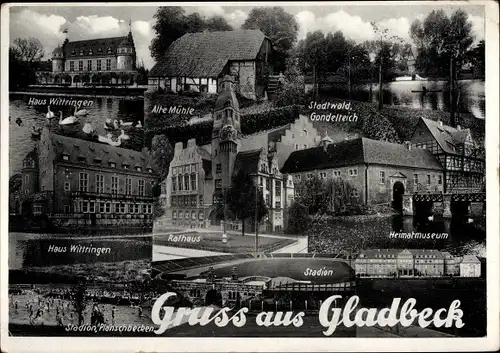 Ak Gladbeck im Ruhrgebiet, Haus Wittringen mit Heimatmuseum, Stadion, Mühle