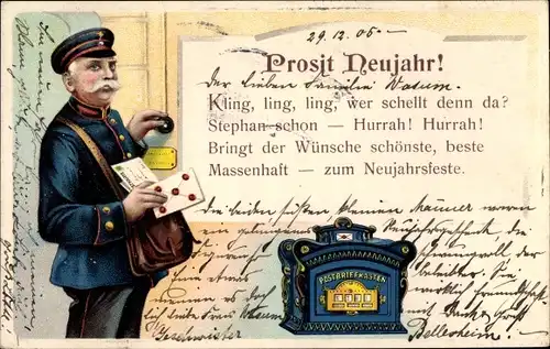 Litho Glückwunsch Neujahr, Postbote an der Türklingel, Briefkasten