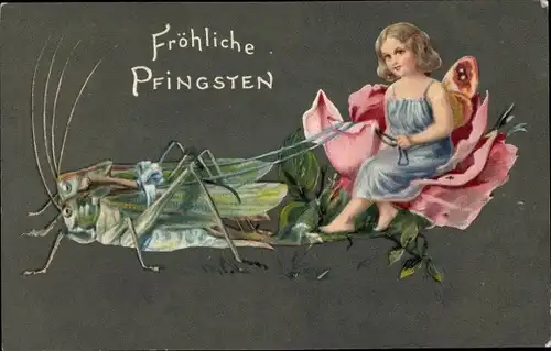 Präge Litho Glückwunsch Pfingsten, Elfe, Grashüpfer, Rose