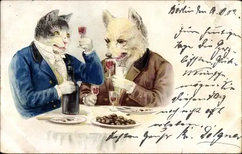 Litho Vermenschlichte Tiere, Katze und Hund trinken Wein