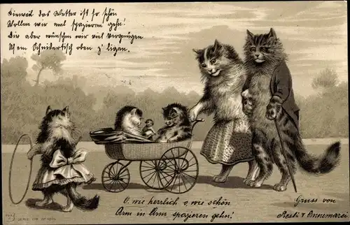 Präge Litho Vermenschlichte Katzen, Familie, Kinderwagen, Reifen