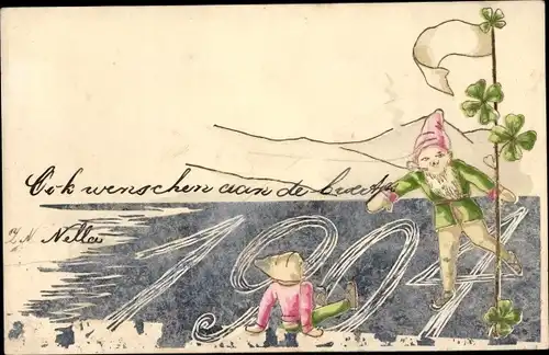 Präge Litho Glückwunsch Neujahr, Jahreszahl 1904, Kleeblätter, Zwerge
