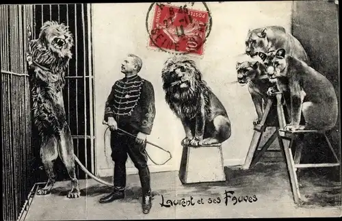 Ak Laurent es ses Fauves, Dompteur mit Löwen