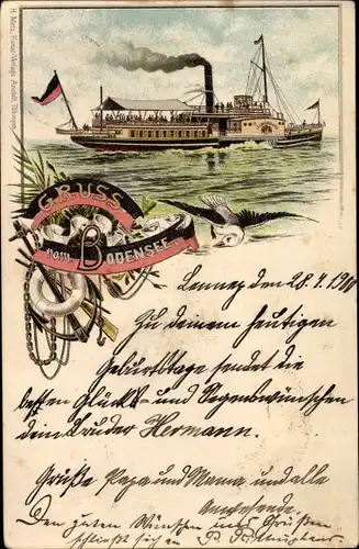 Litho Gruß vom Bodensee, Salondampfer, Möwe