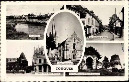 Ak Touques Calvados, Vue generale, L'Eglise, La Mairie, La Maison Normande