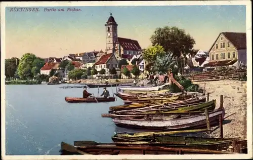 Ak Nürtingen am Neckar, Partie am Neckar, Ruderboote am Ufer, Kirche