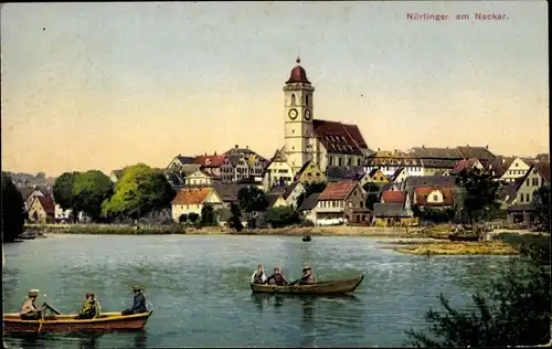 Ak Nürtingen am Neckar, Blick auf den Ort, Kirche, Ruderboote