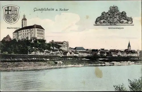 Wappen Ak Gundelsheim am Neckar Württemberg, Blick auf den Ort, Schloss