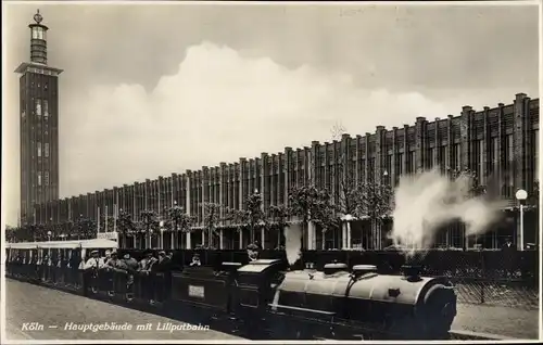 Ak Köln am Rhein, Hauptgebäude der Pressa, Liliputbahn, 1928