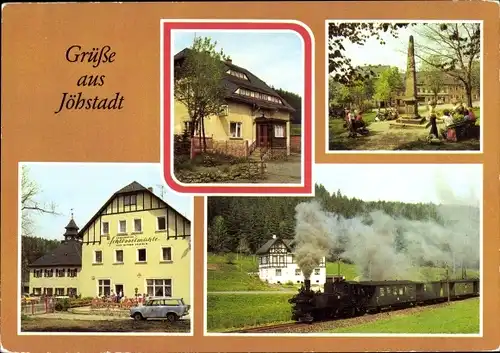 Ak Jöhstadt im Erzgebirge Sachsen, Museumsbahn, Denkmal, Gasthaus Schwarzenwassertal