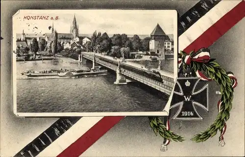 Passepartout Ak Konstanz am Bodensee, Stadtpanorama, Eisernes Kreuz, Flagge